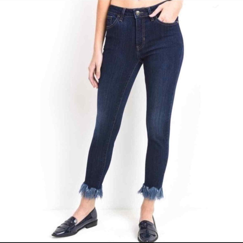 Just Black Denim Dark Blue Fringe Hem Crop Jeans Size 28
